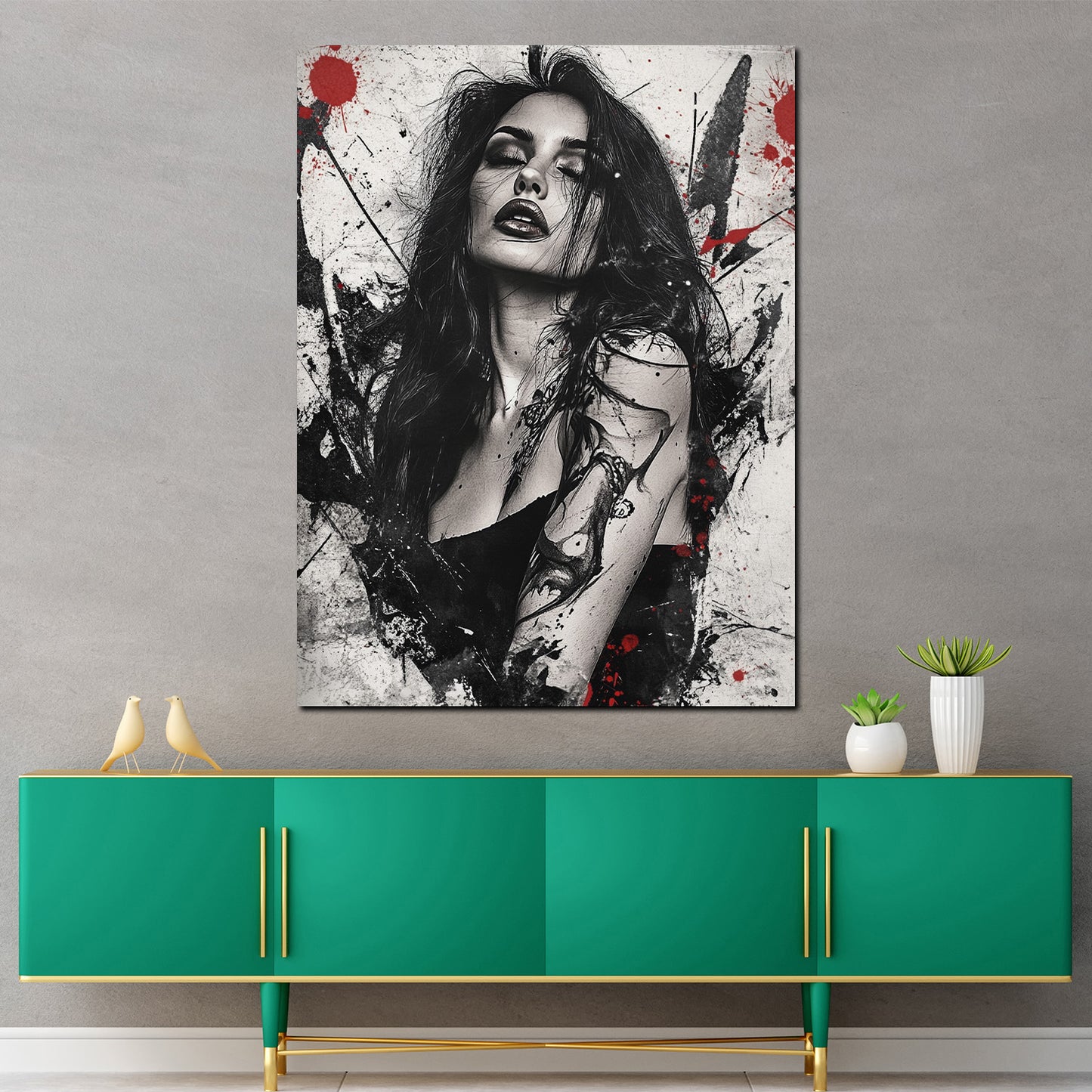 Quadro donna sensuale bianco e nero con dettagli rossi