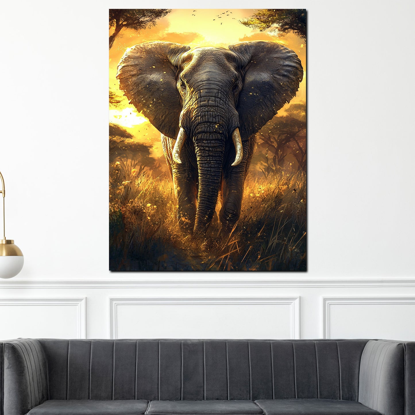 Quadro elefante maestoso nella savana dorata al tramonto