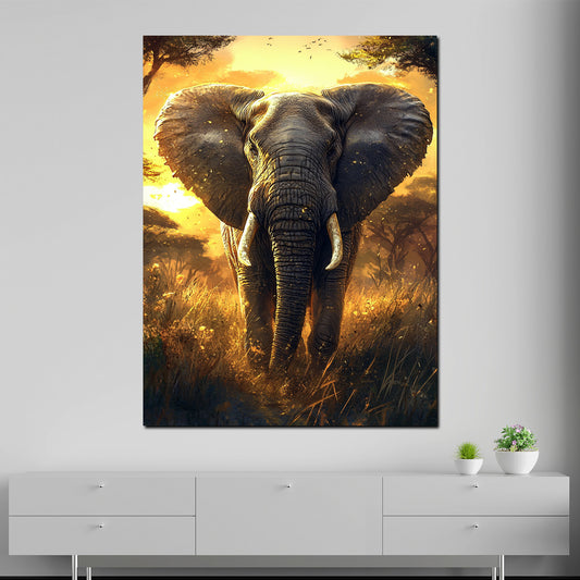 Quadro elefante maestoso nella savana dorata al tramonto