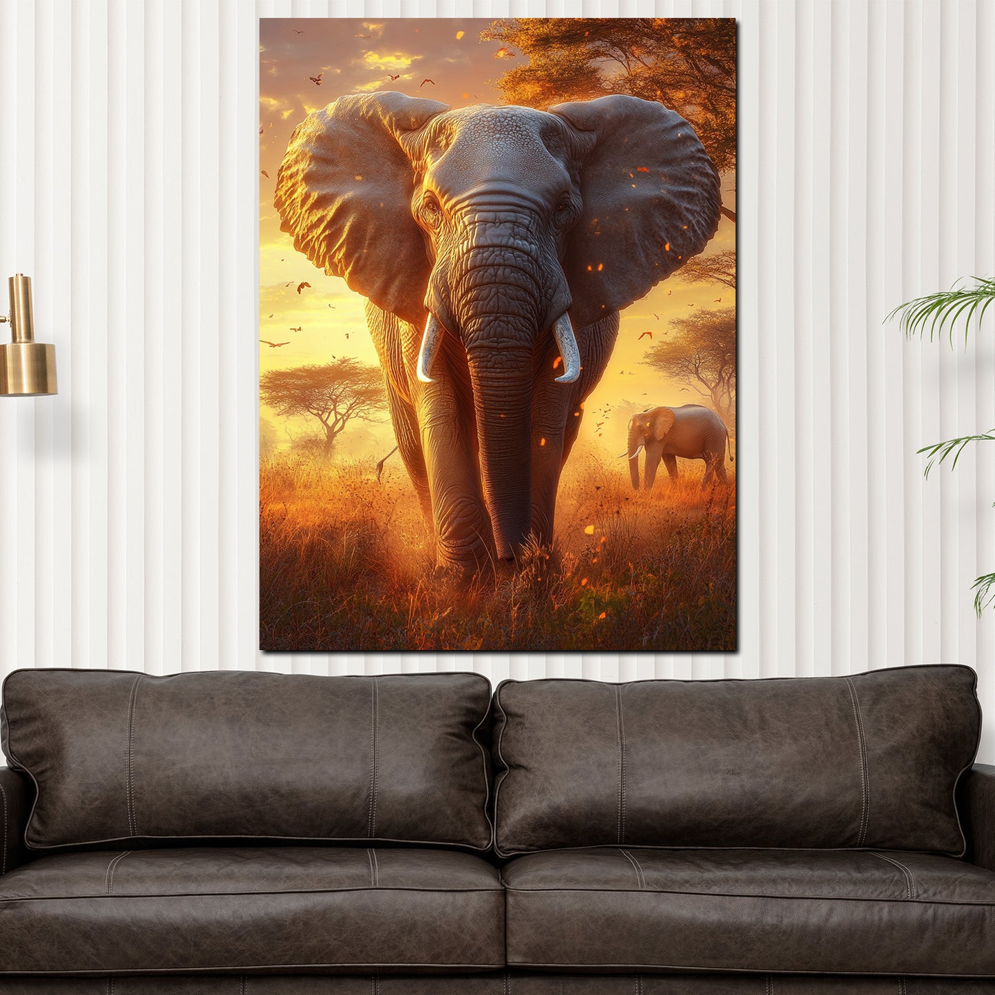 Quadro elefante nella savana al tramonto con colori caldi e atmosfera magica