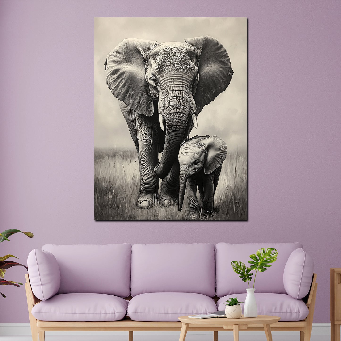 Quadro elefanti bianco nero affetto famiglia natura eleganza