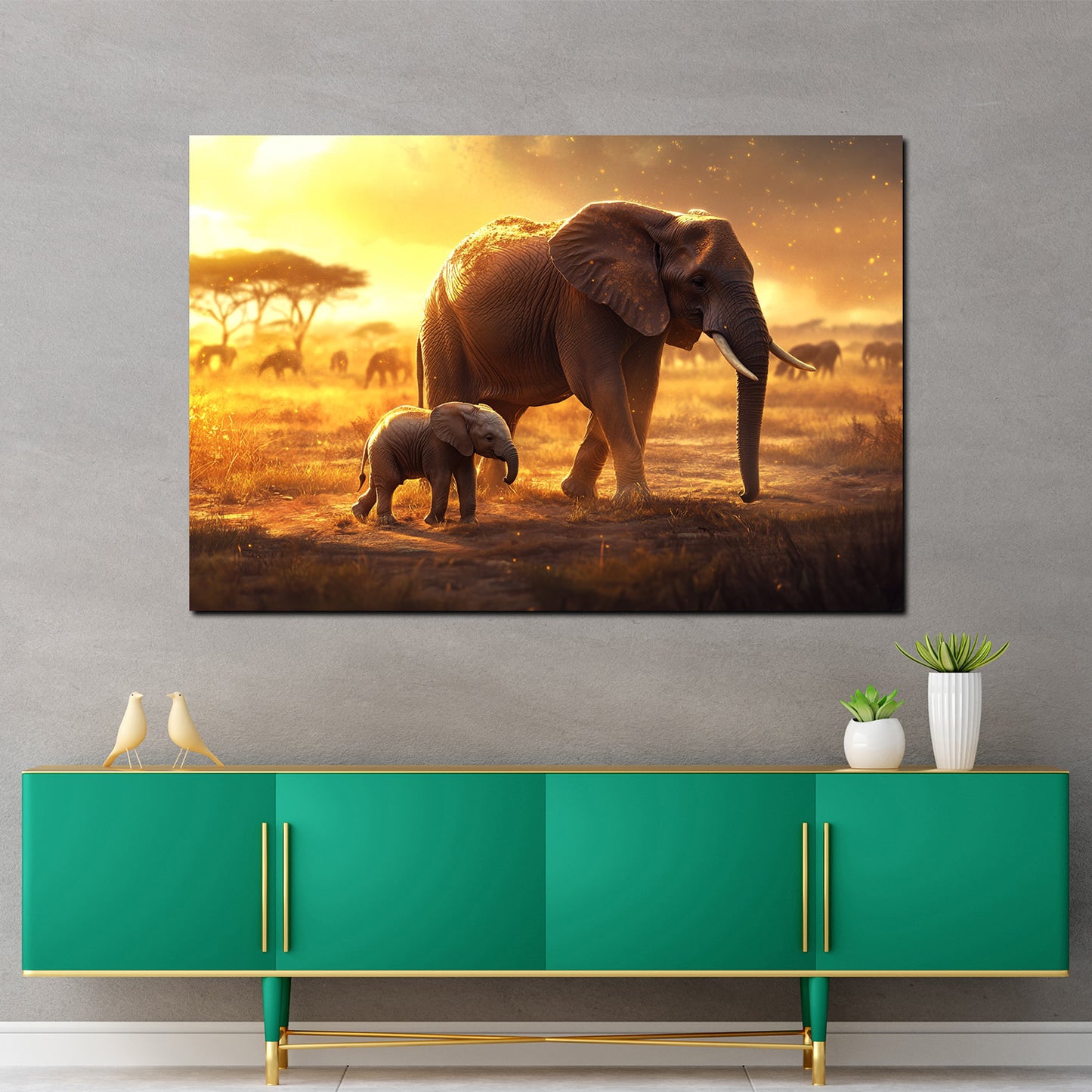 Quadro elefanti madre e cucciolo savana luce amore natura