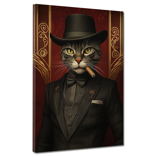 Quadro gatto elegante che fuma con cappello abito stile vintage moderno