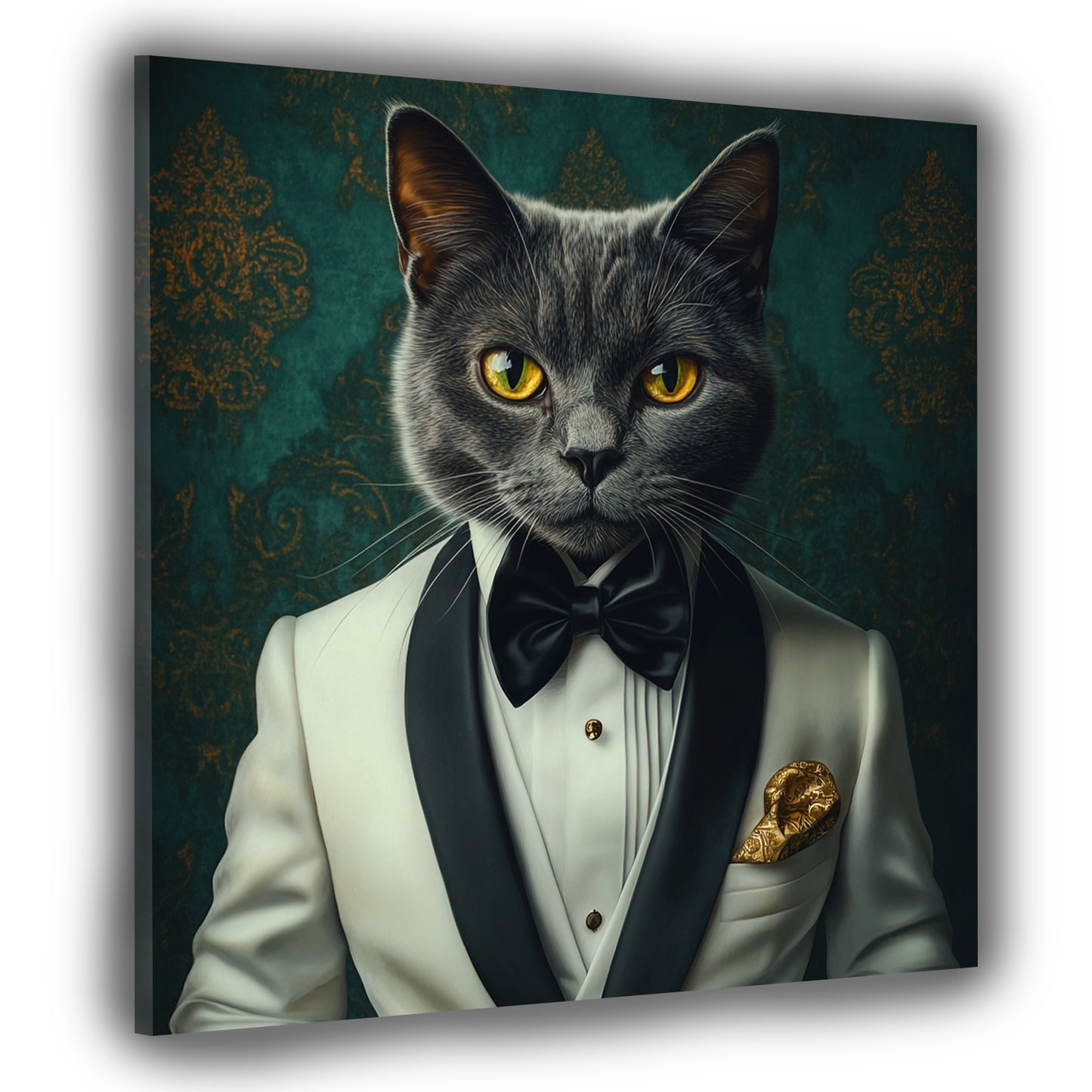 Quadro gatto elegante in smoking bianco stile lusso nobiltà moderno