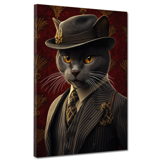 Quadro gatto nero elegante con cappello abito stile vintage
