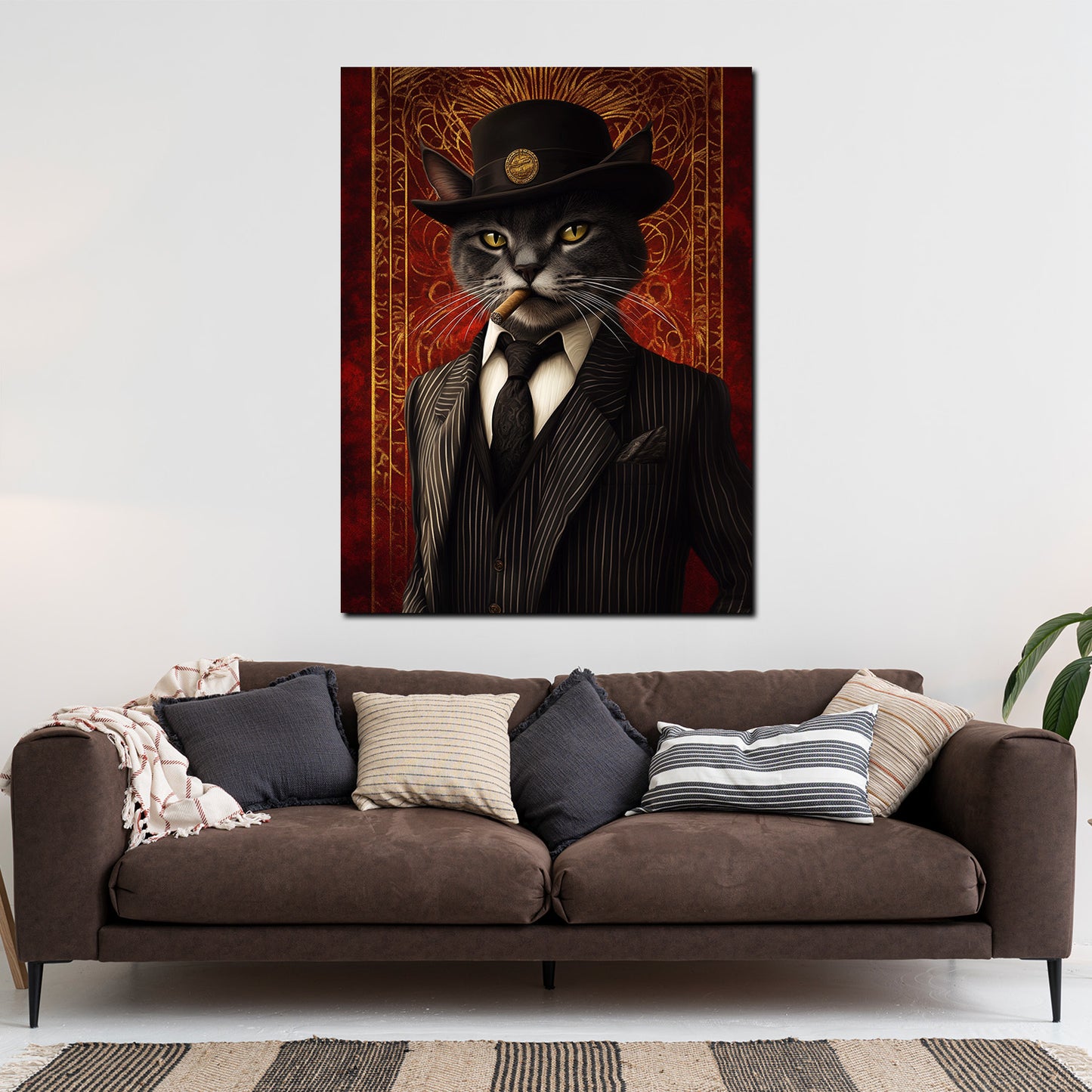 Quadro gatto nero elegante con cappello stile vintage moderno