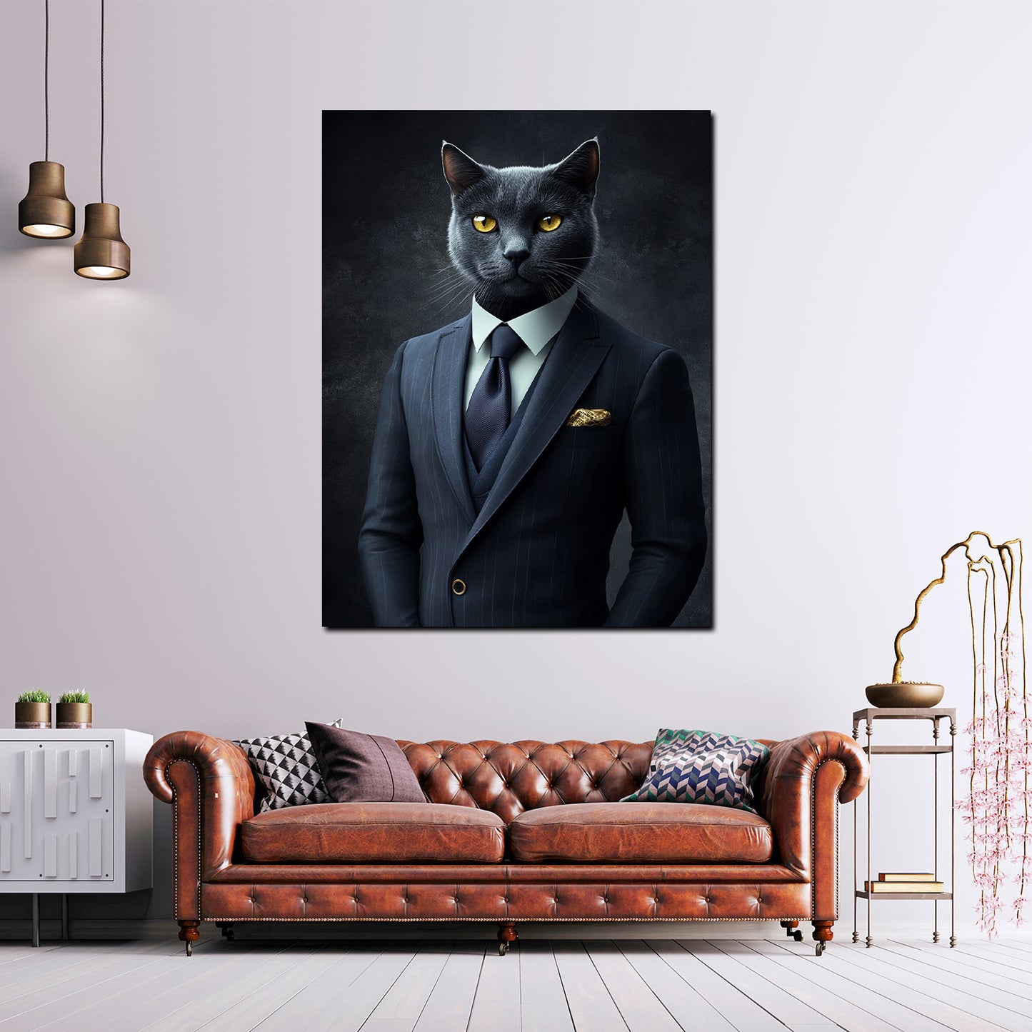 Quadro gatto nero elegante in abito stile lusso moderno