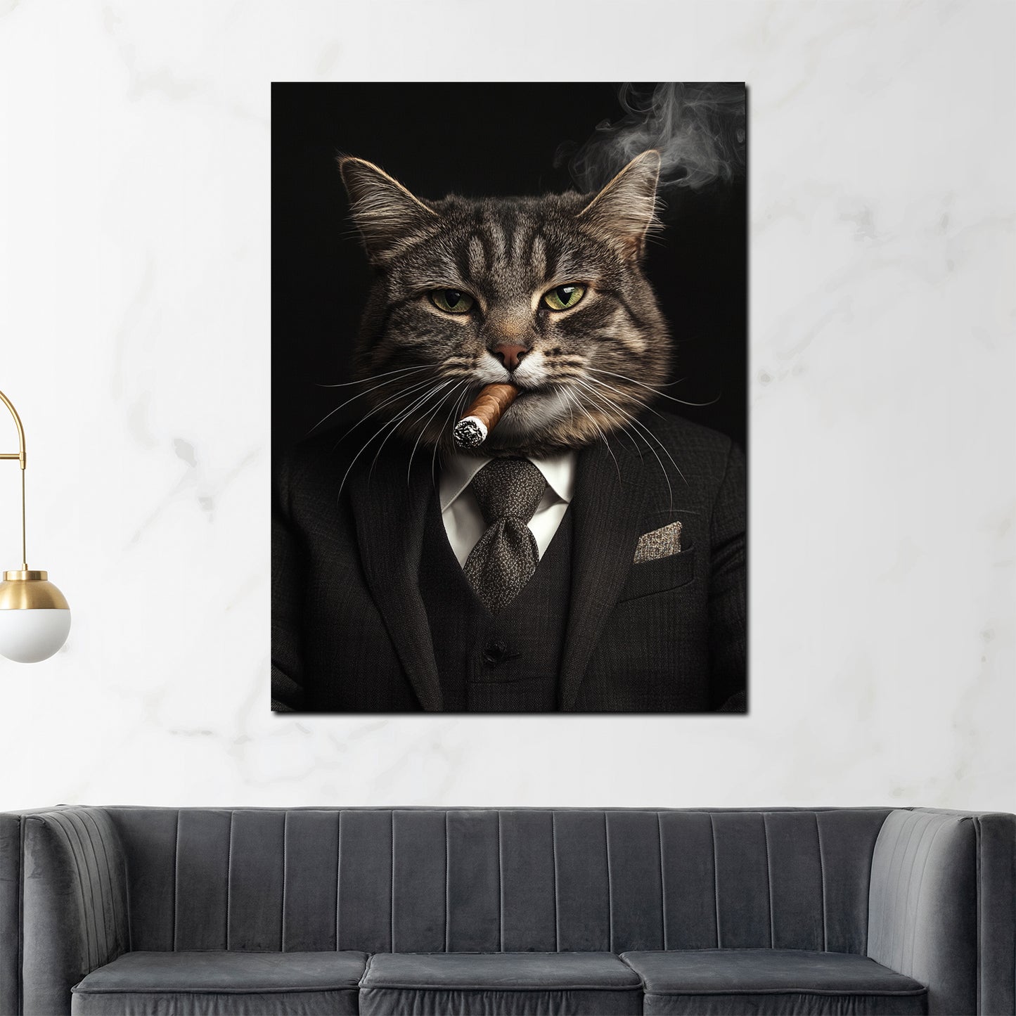 Quadro gatto potente in abito che fuma stile boss successo moderno
