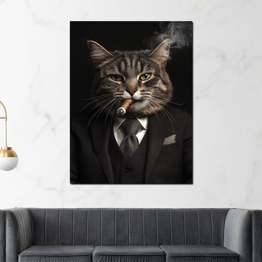 Quadro gatto potente in abito che fuma stile boss successo moderno
