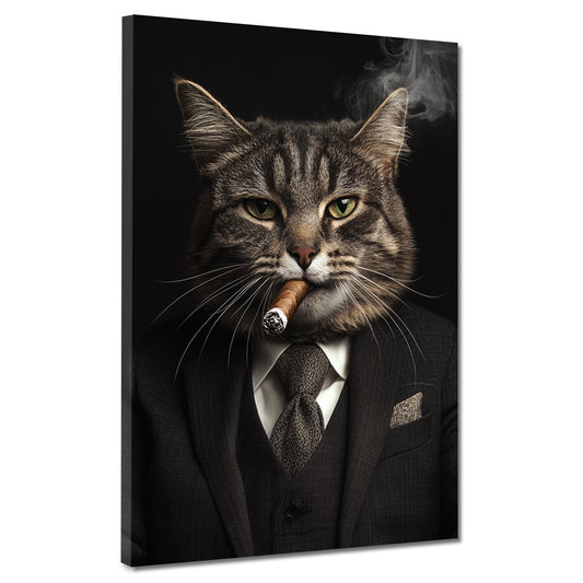 Quadro gatto potente in abito che fuma stile boss successo moderno
