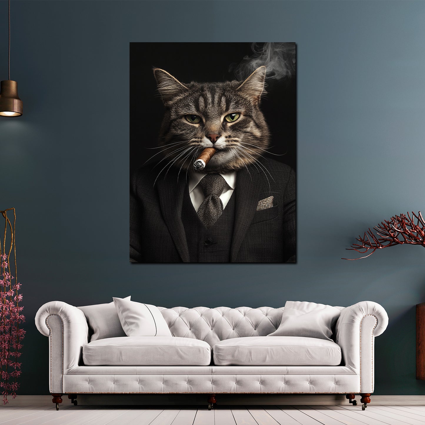 Quadro gatto potente in abito che fuma stile boss successo moderno