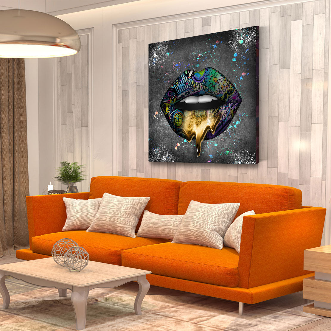 Quadro labbra graffiti con colata d’oro