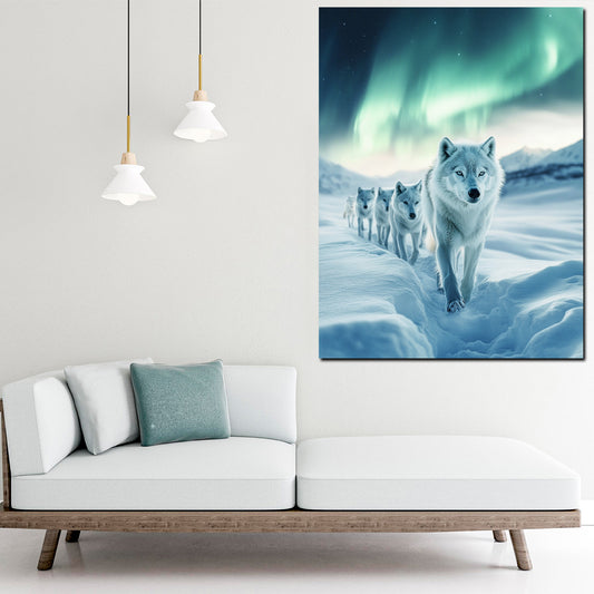 Quadro lupi bianchi nella neve aurora boreale natura libertà moderno