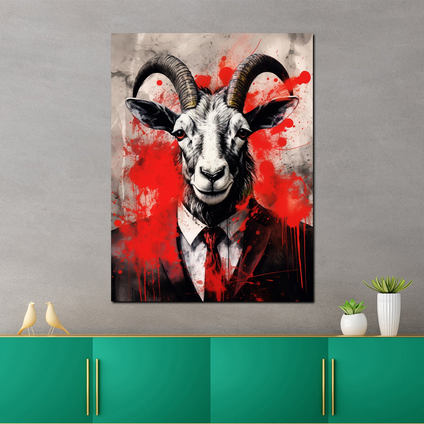 Quadro moderno Capra in abito da sera red Splash