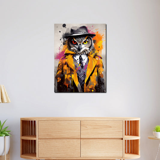Quadro moderno Gufo in abito con cappotto giallo Pop Art