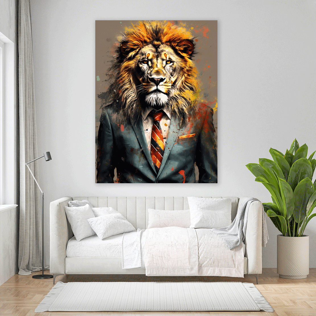 Quadro moderno Leone in abito nero