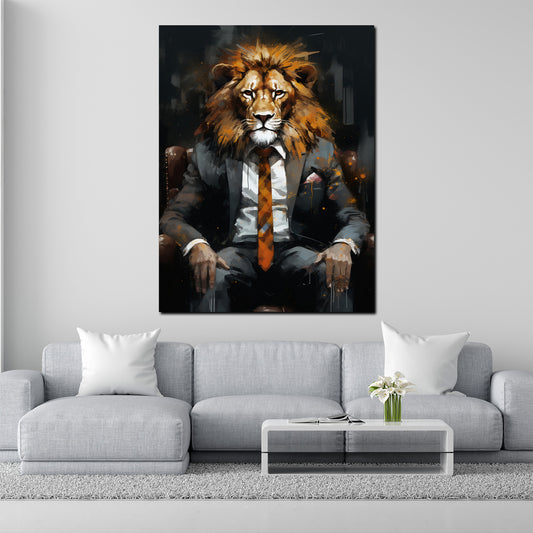 Quadro moderno Leone in giacca e cravatta Dark Mode