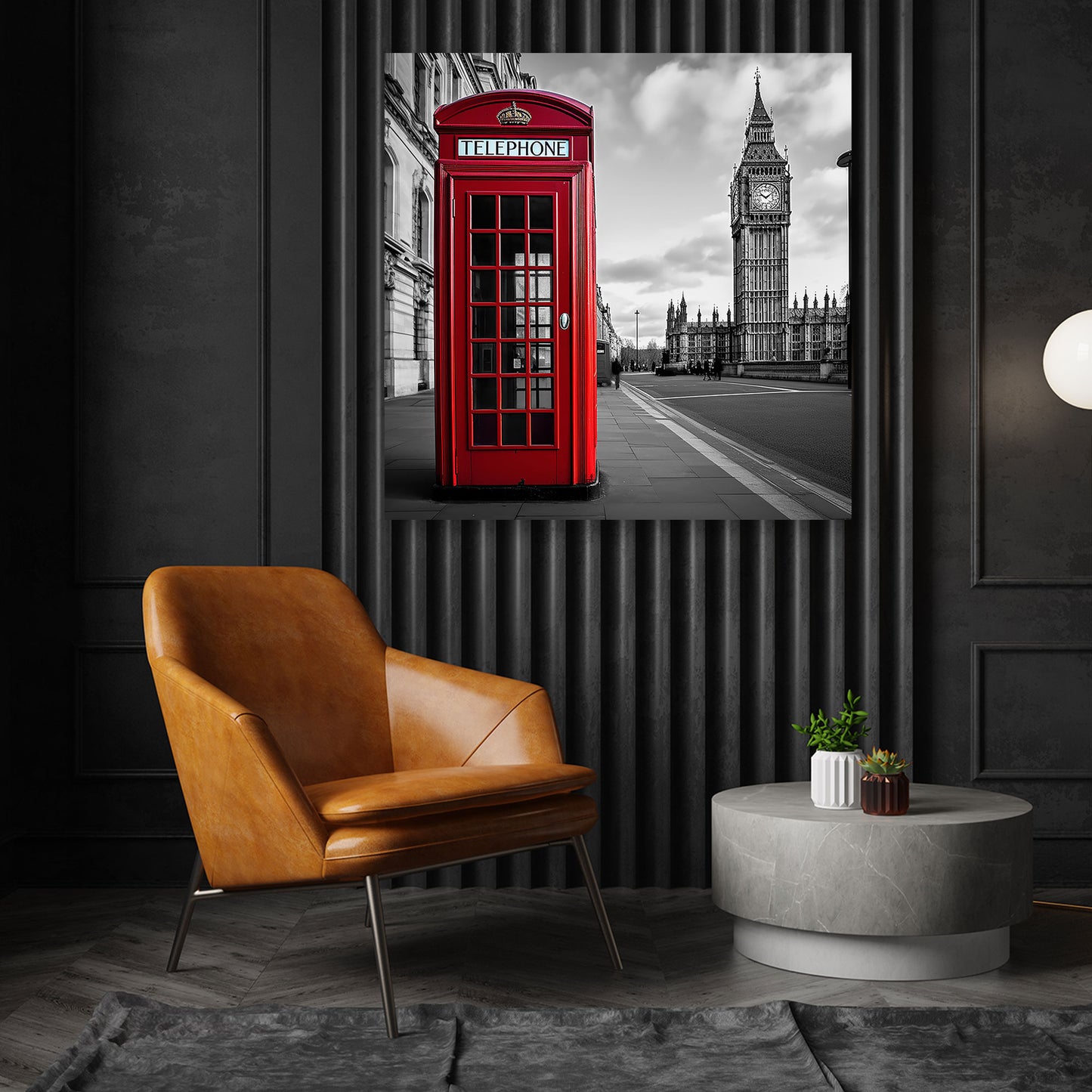 Quadro moderno Londra in bianco e nero con cabina telefonica rossa