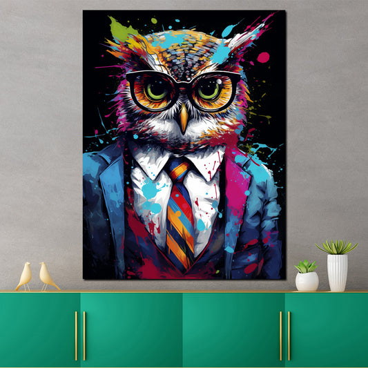 Quadro moderno Pop Art Gufo in giacca e cravatta Dark Mode