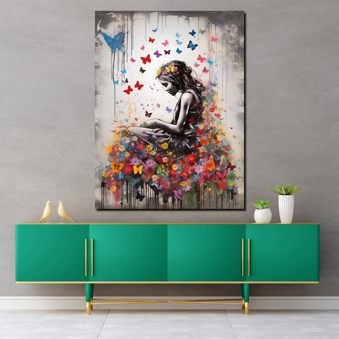 Quadro moderno Ragazza street art con fiori e farfalle