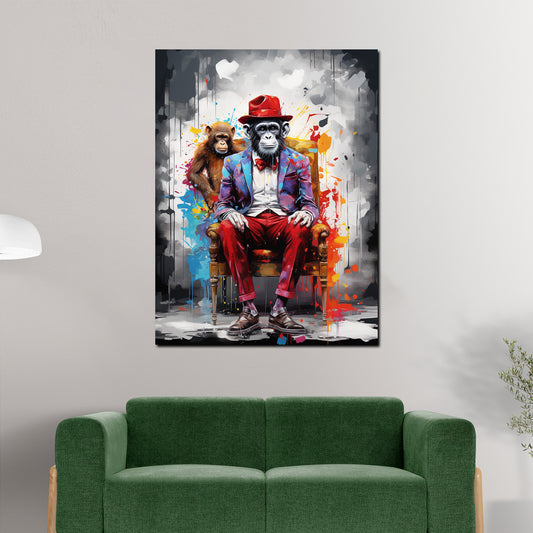 Quadro moderno Scimmia pop art con cappello e vestito seduta su una sedia