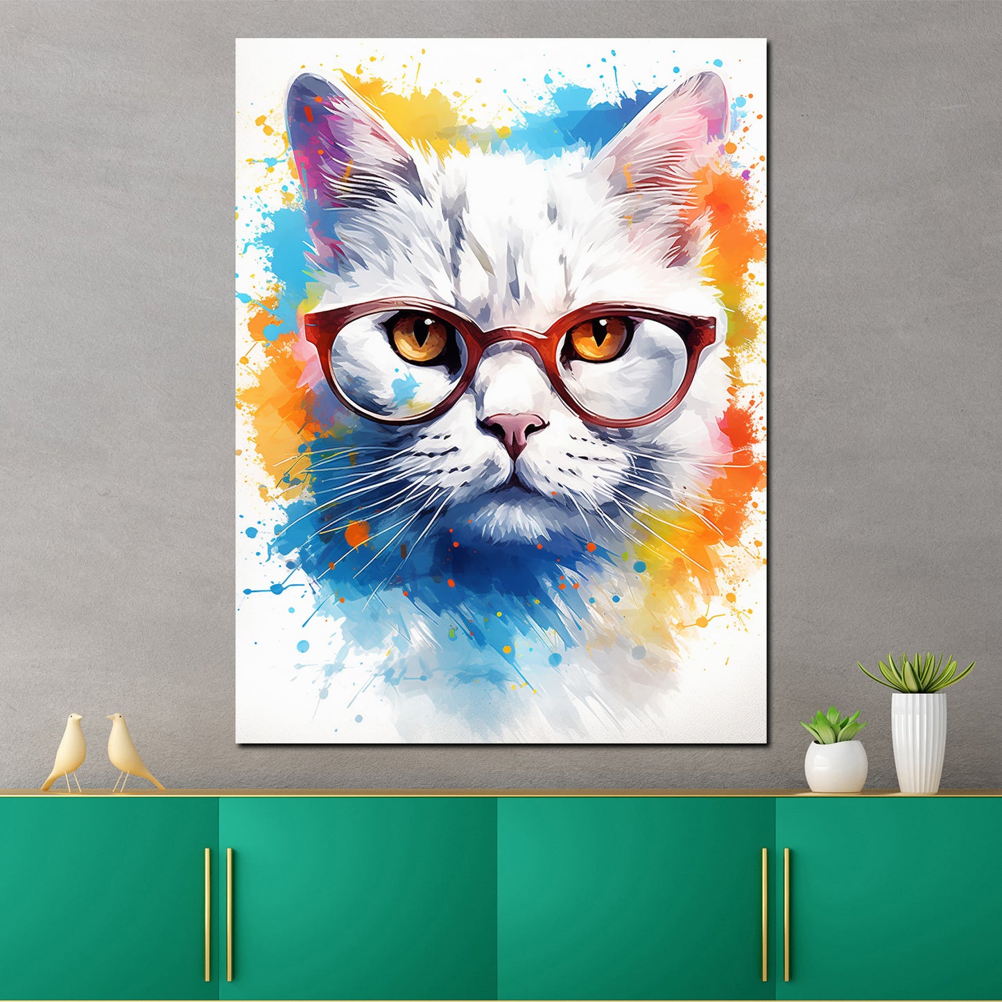 Quadro moderno gatto bianco astratto con occhiali