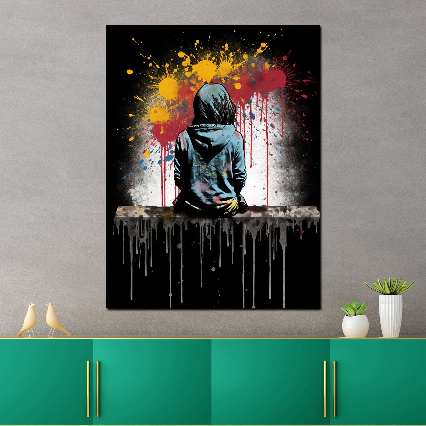 Quadro moderno street art astratto ragazza seduta splash