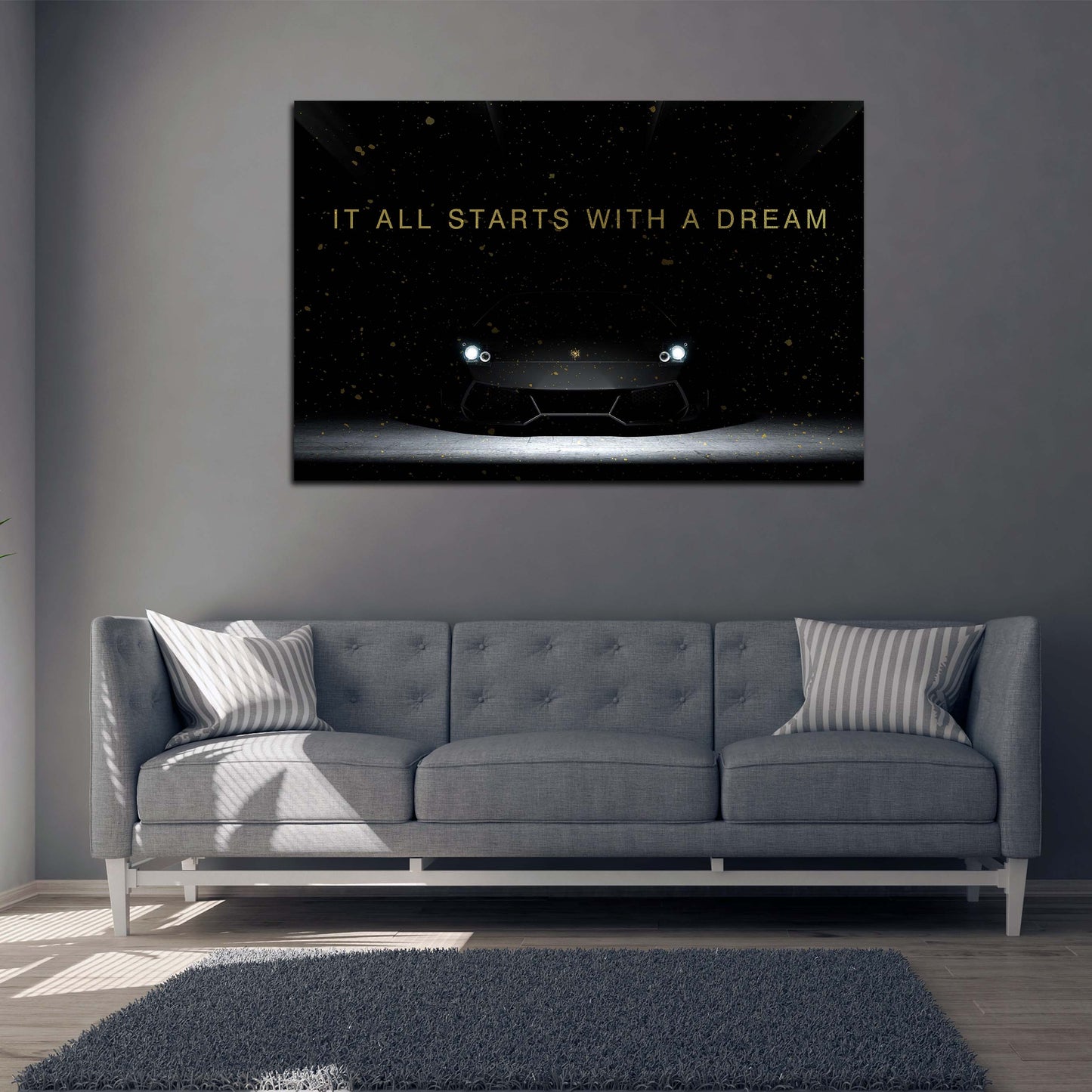 Quadro motivazionale auto di lusso tutto inizia con un sogno