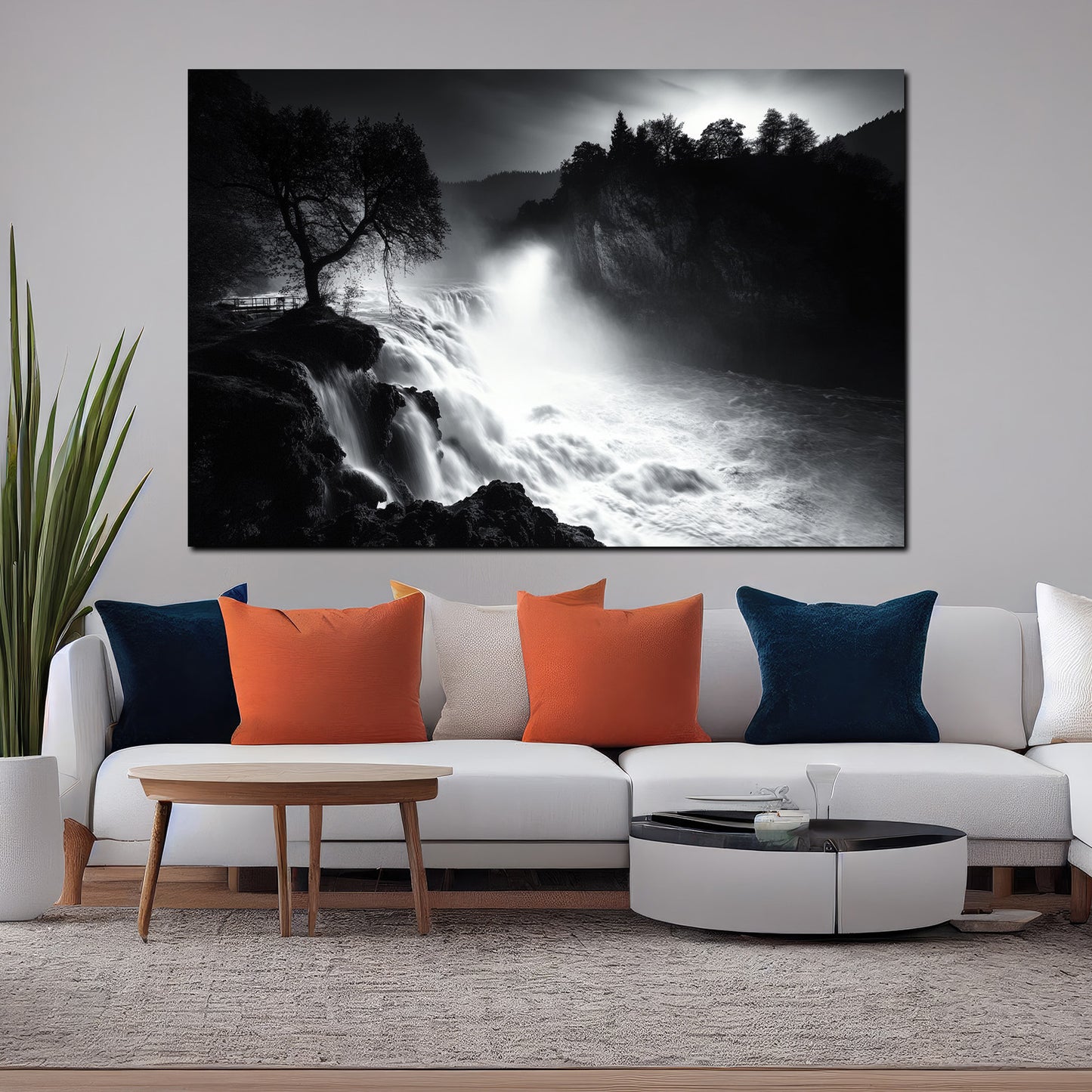 Quadro natura cascata bianco e nero paesaggio forza dell’acqua atmosfera