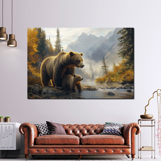 Quadro orsi famiglia montagna fiume natura autunno