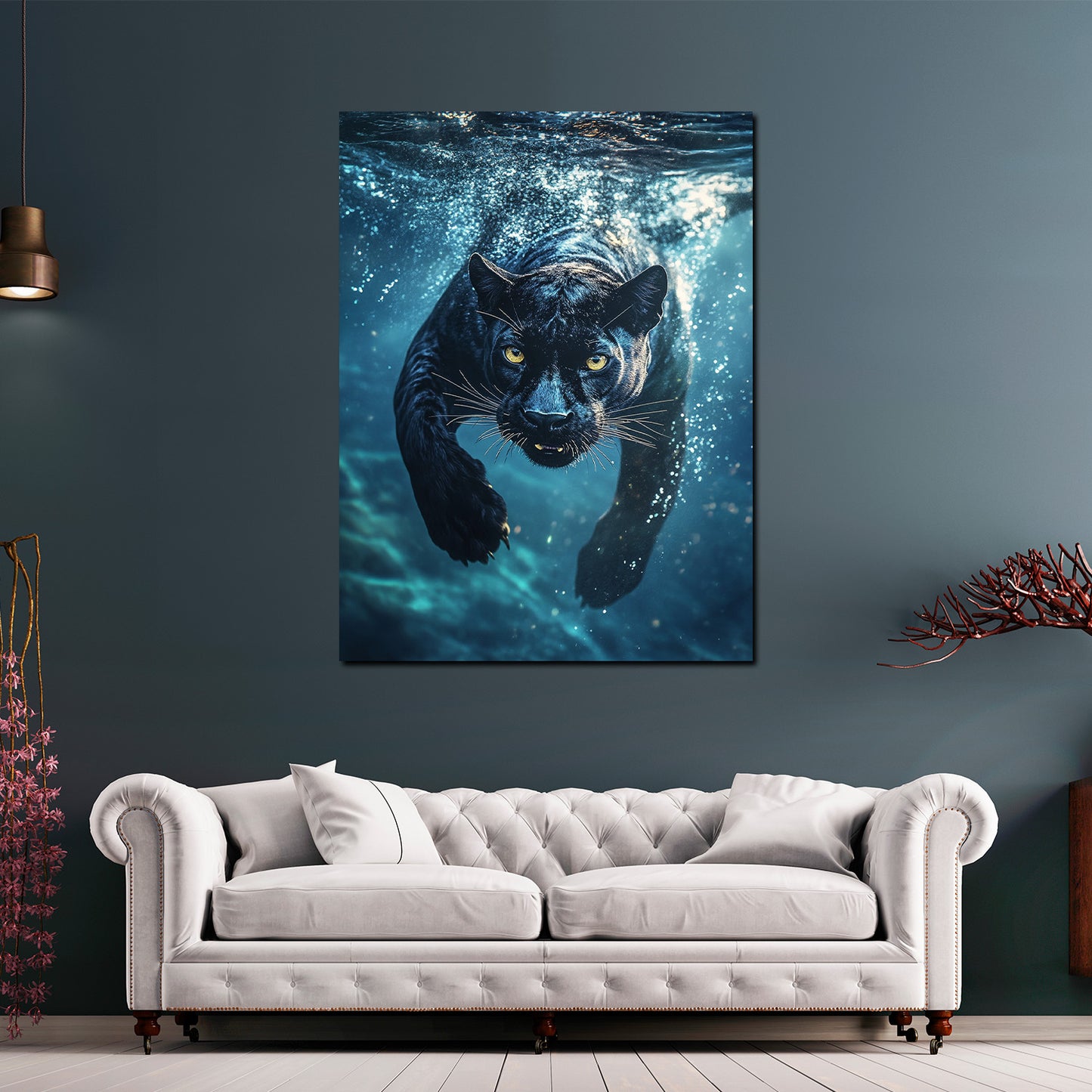 Quadro pantera nera che si tuffa nell'acqua forza animale selvaggio moderno