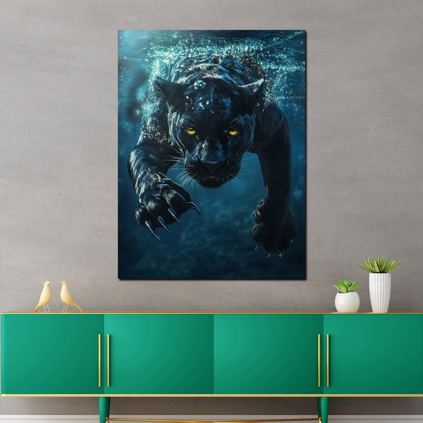 Quadro pantera nera sott'acqua forza animale moderno