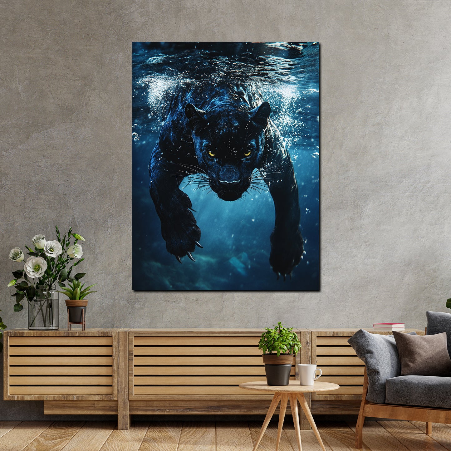 Quadro pantera nera sott'acqua forza dinamica animale moderno