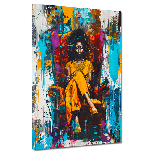 Quadro pop art donna africana colorata moderna sulla poltrona
