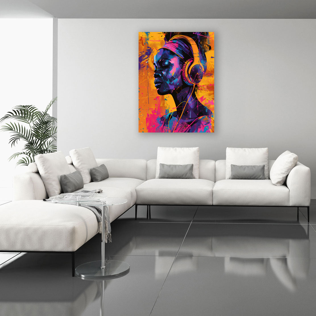 Quadro pop art donna africana moderna con cuffie e colori vivaci