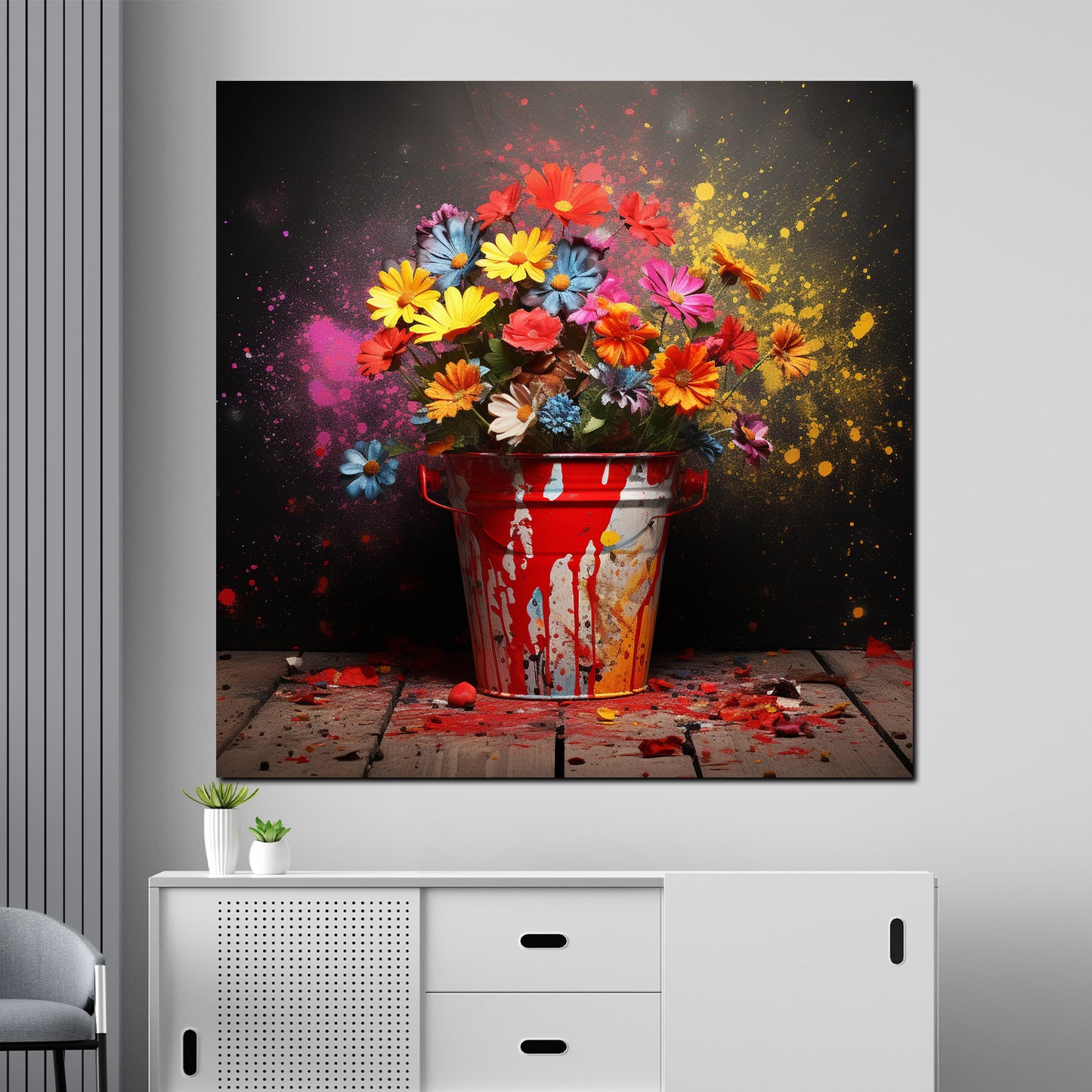 Quadro pop art fiori colorati secchio esplosione di colore moderno