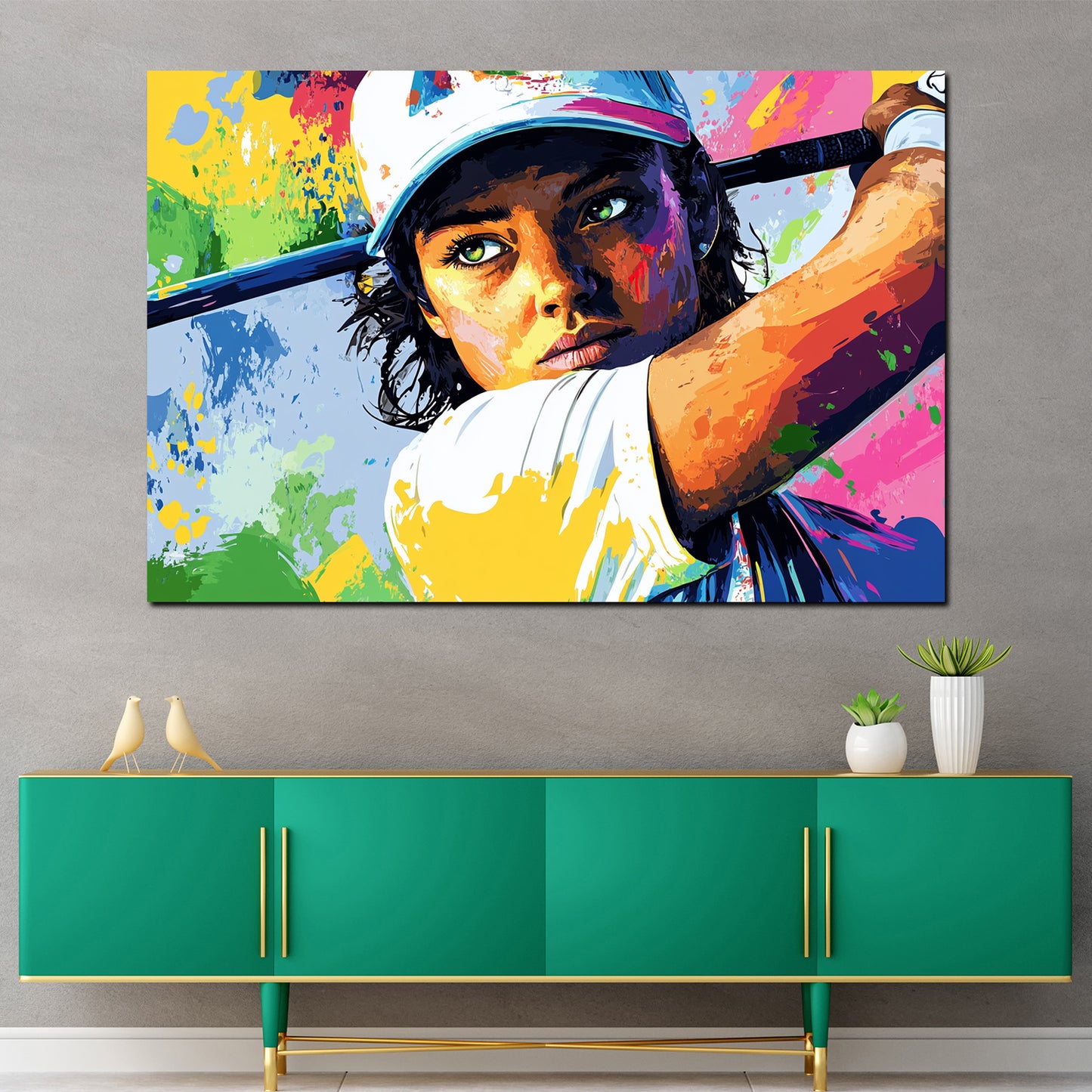 Quadro pop art golfista donna moderno sportivo
