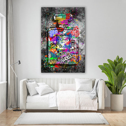 Quadro pop art graffiti street art bottiglia profumo lusso hustle colorato