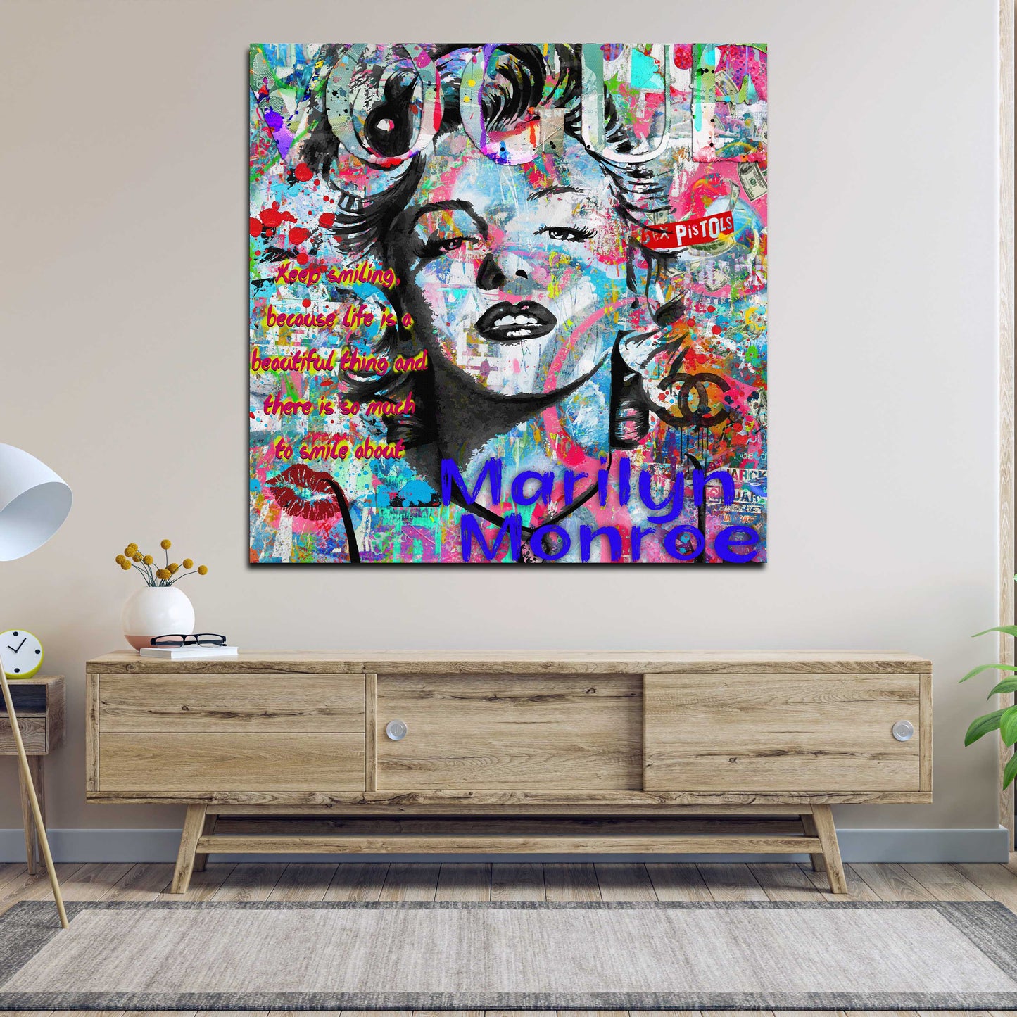 Quadro pop art marilyn ritratto frase colorato street art moderno