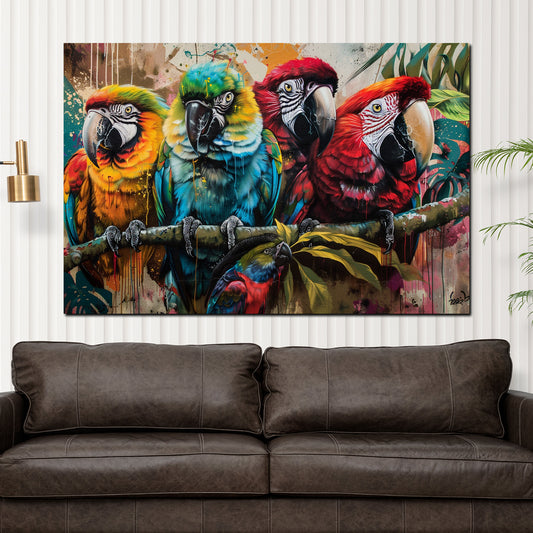 Quadro pop art pappagalli colorati su ramo