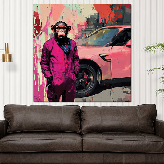 Quadro pop art scimmia tuta auto colorato