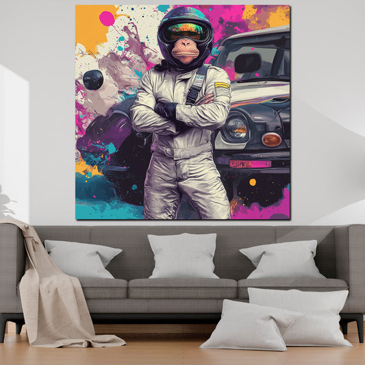 Quadro pop art scimmia tuta da corsa auto colorato