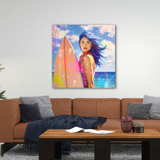 Quadro ragazza surfista al mare