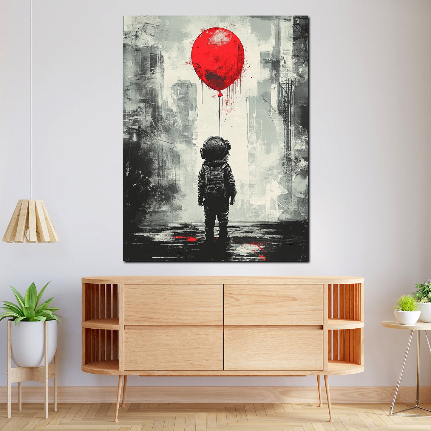 Quadro street art bambino palloncino rosso cuffie
