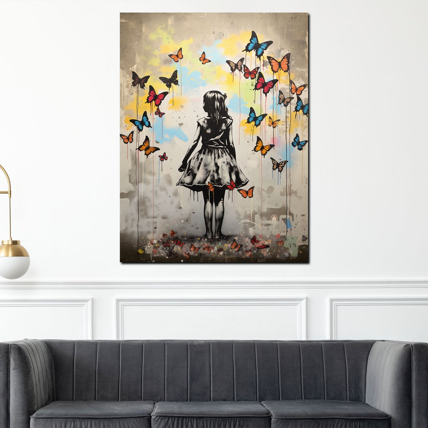 Quadro street art ragazza con farfalle
