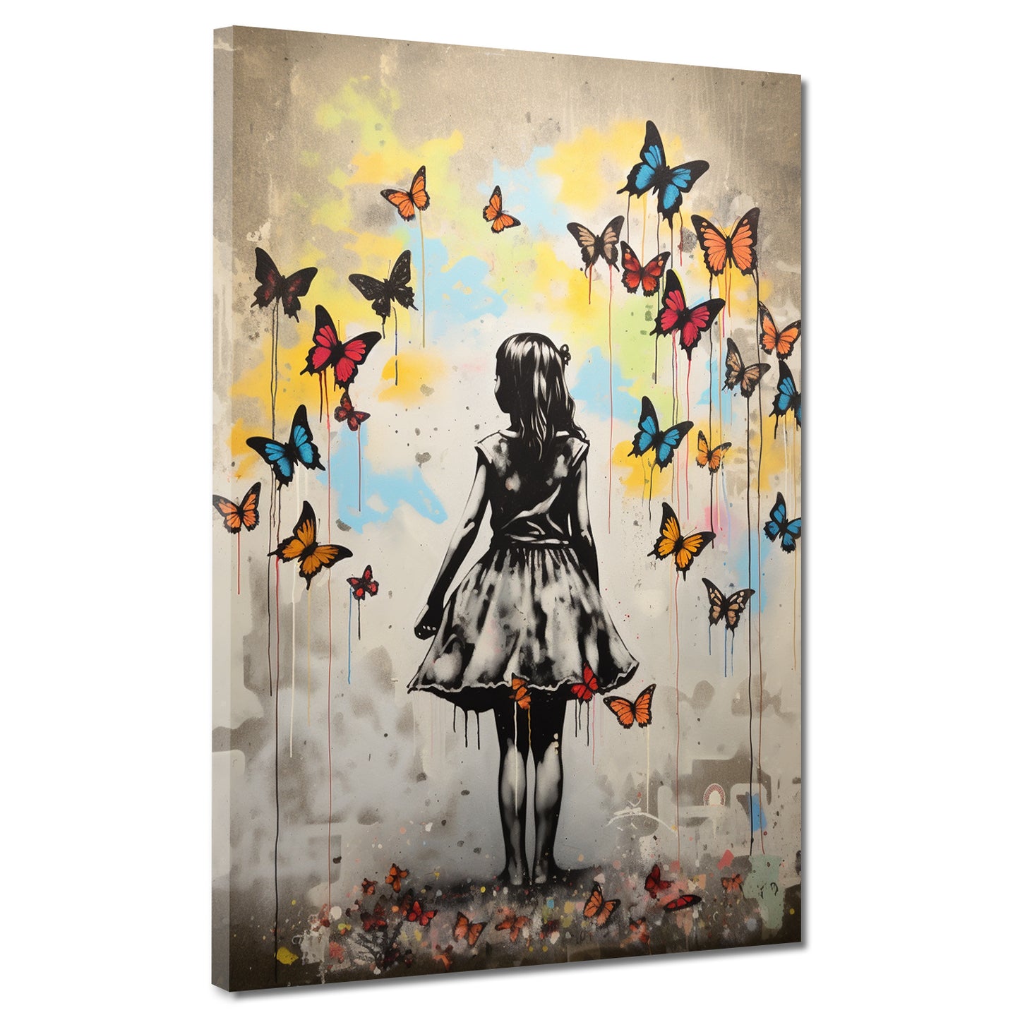 Quadro street art ragazza con farfalle