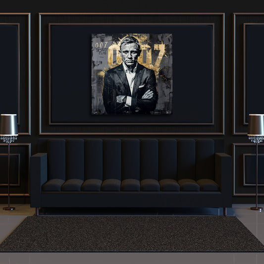 Agente 007 in abito nero con numeri dorati stile graffiti quadro
