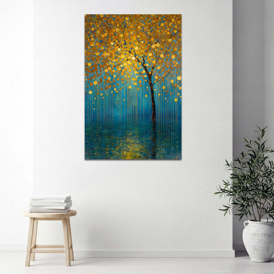 Albero dorato turchese blu pioggia riflesso acqua quadro