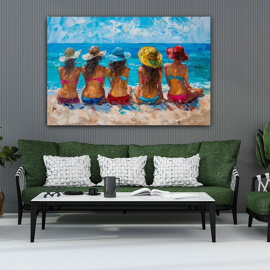 Amiche sulla spiaggia dipinto con colori intensi quadro