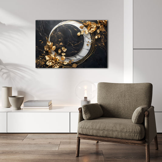Arte elegante fiori dorati e motivo marmo nero quadro